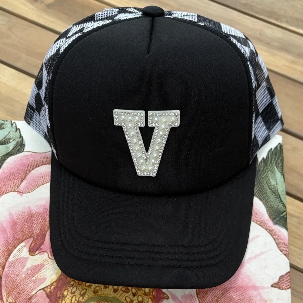 Personalized initial hat, checkerboard, trucker hat